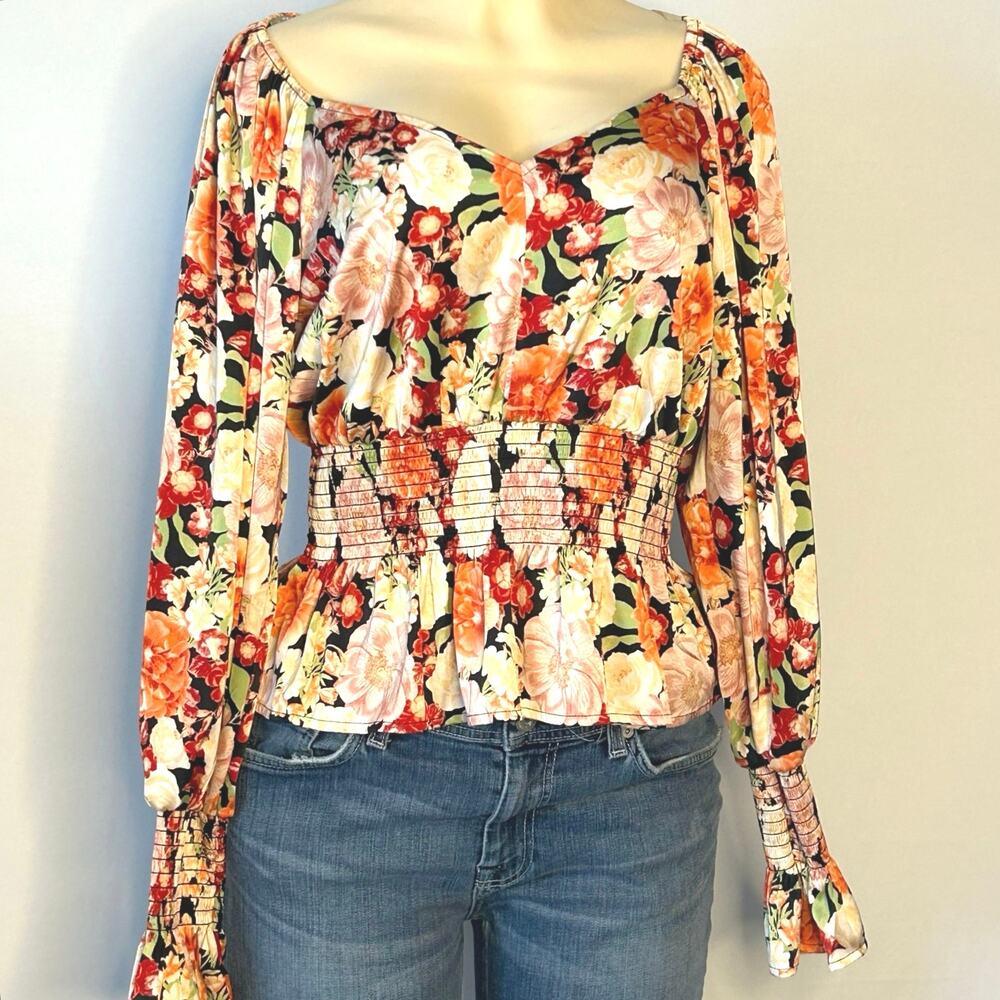 INC Floral Smocked Peplum Top Bell Sleeve Cottagecore Boho Blouse S